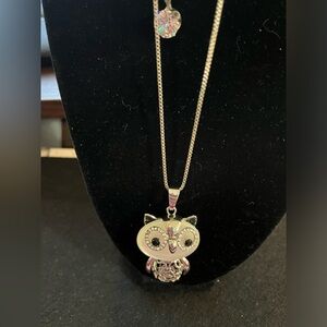 Silver tone moonstone owl with rhinestone accent necklace.